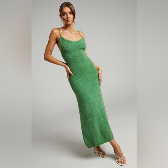 NEW Showpo Yurika Midi Dress 14 Stretch Knit Kelly‎ Green Dipped Back Beach - Picture 1 of 11